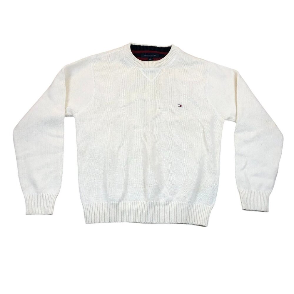 Tommy Hilfiger Mens Pullover Knit Sweater Small Ivory Long Sleeve Casual Classic